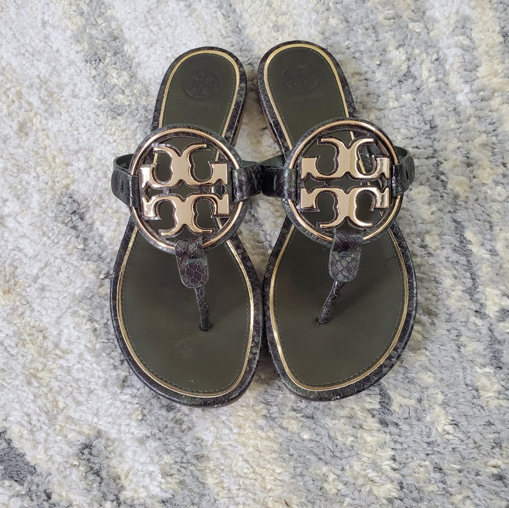 Tory Burch Crock Embossed Metal Miller Sandals
